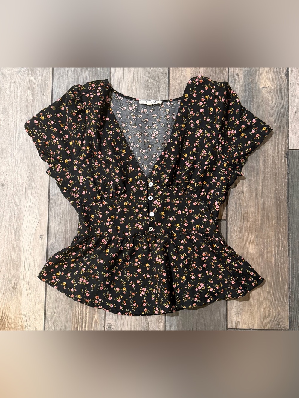 Womens Black Floral Smocked Waist Peplum Top